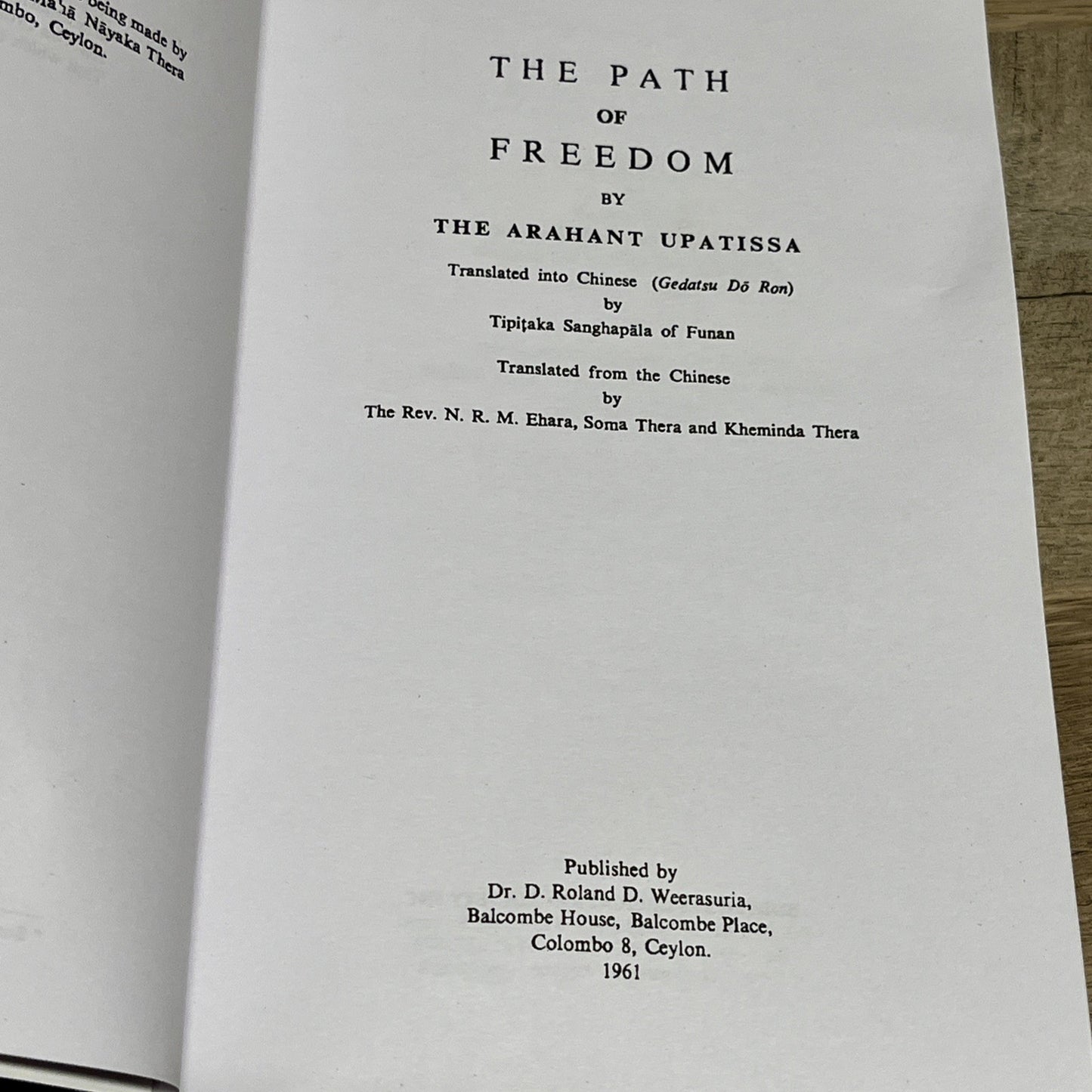THE PATH OF FREEDOM: VIMUTTIMAGGA By Soma Thera & N.r.m. Ehara **Excellent**