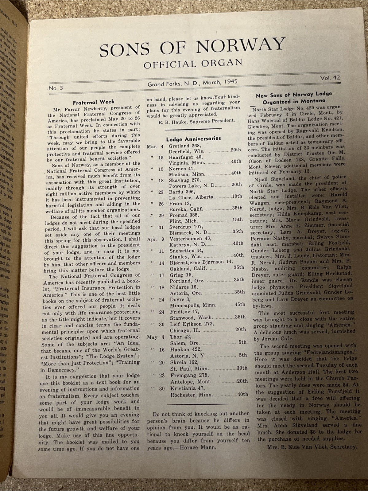 Sons of Norway Pre-Viking Magazines Grand Forks,N.D Feb 1945, No.3  Vol.42