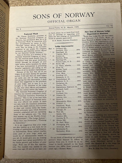 Sons of Norway Pre-Viking Magazines Grand Forks,N.D Feb 1945, No.3  Vol.42