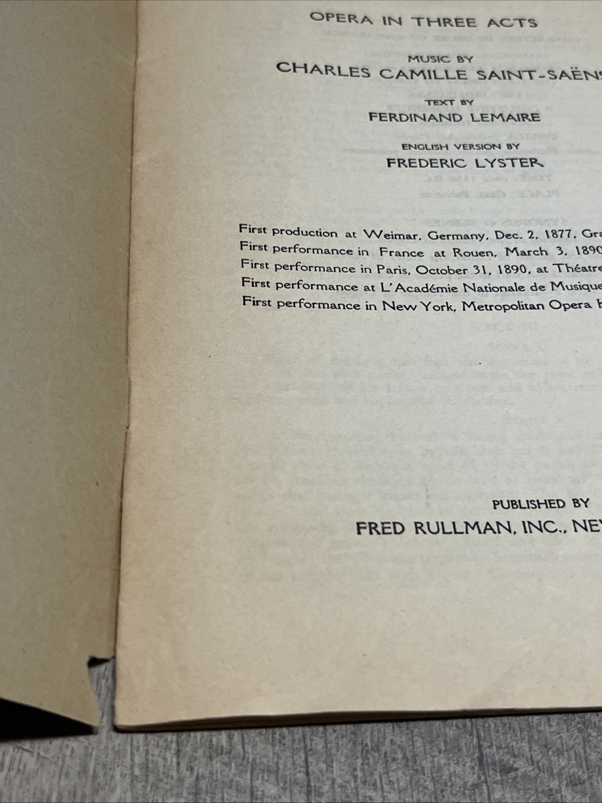 Metropolitan Opera Libretto Samson ET Dalila Opera In Three Acts ..1935