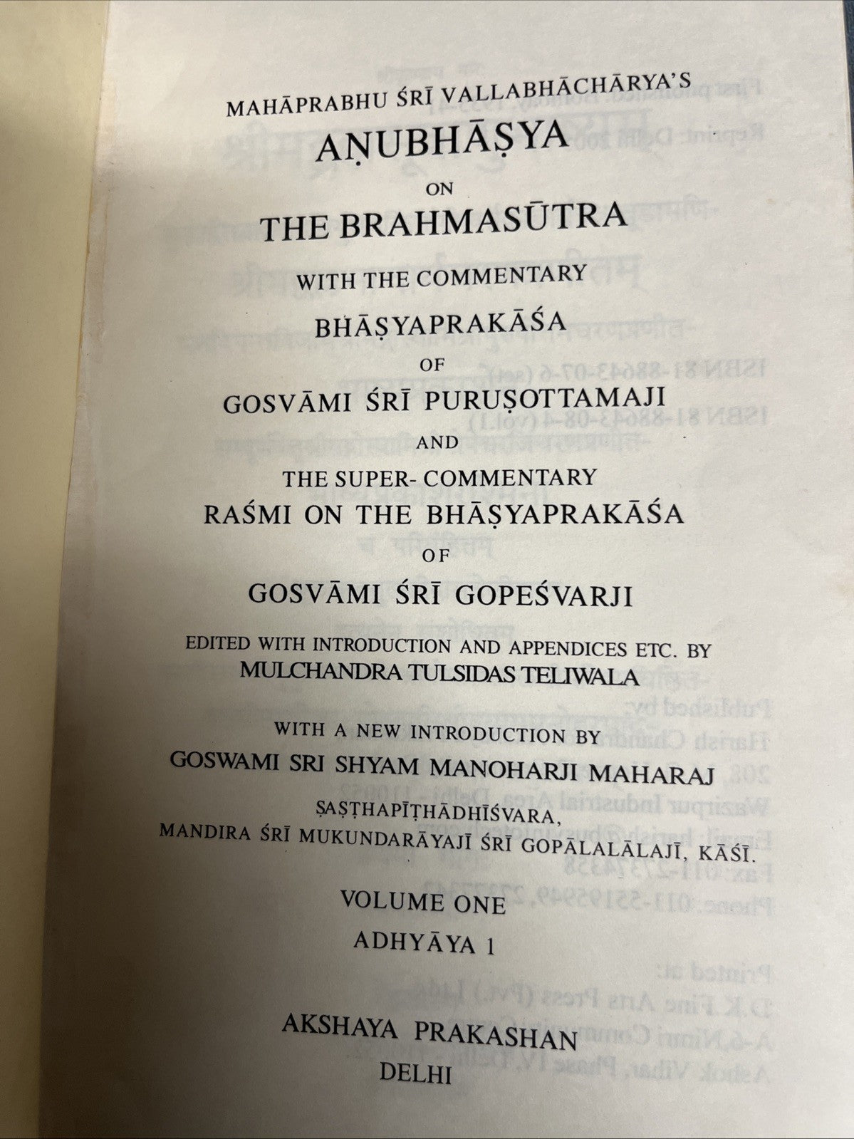 Anubhāṣya on the Brahmasūtra by Śrī Vallabhācārya Volume 1, 3, 4