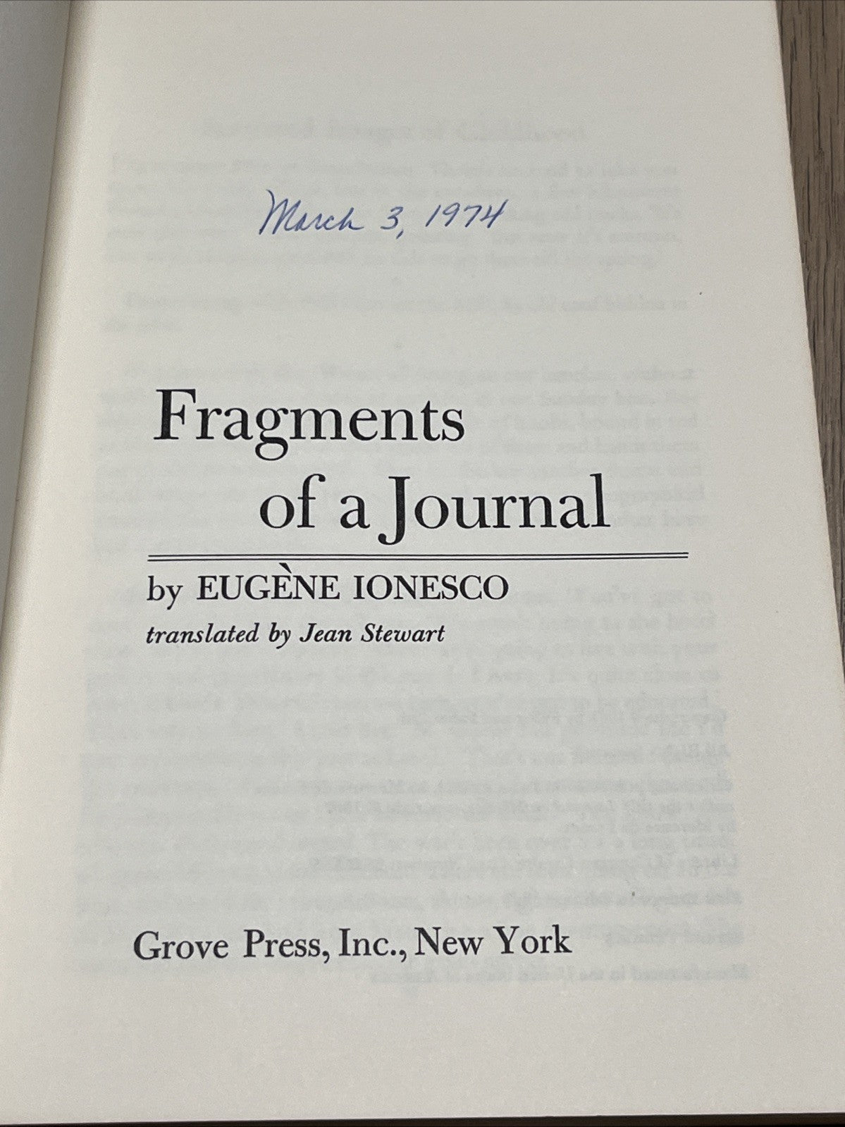 Fragments of a journal, Eugene Ionesco, paperback, 1st Evergreen edit.,USA, 1969