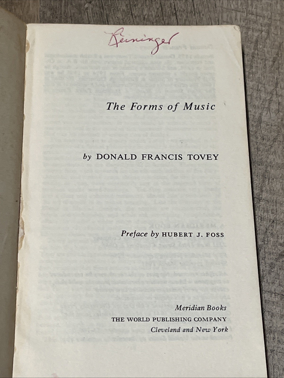 Donald Francis Tovey The Forms of Music  Vintage 7th Printing 1963 *