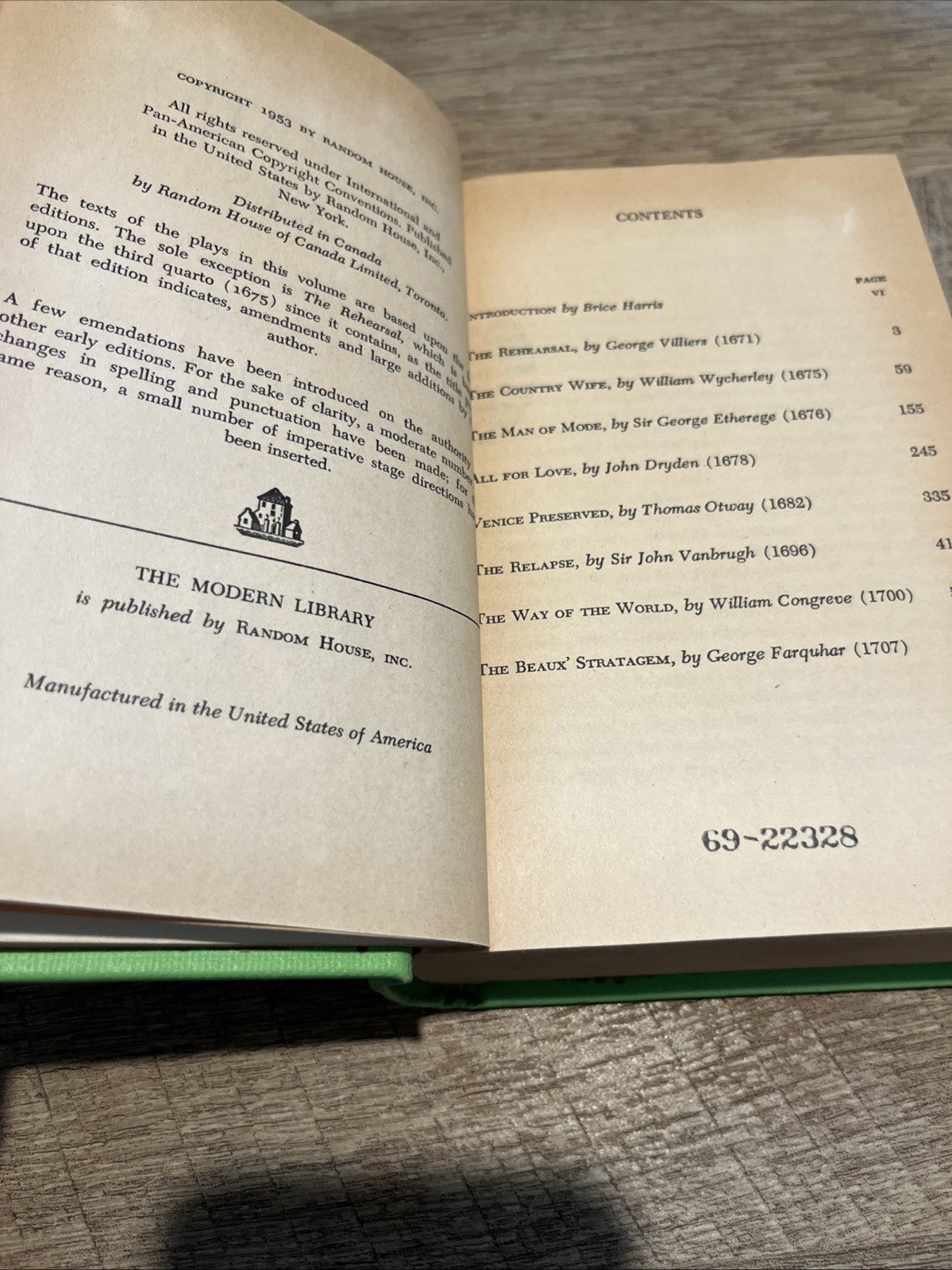Restoration Plays Vintage 1953 (Modern Library edition) Random House, Inc. USA