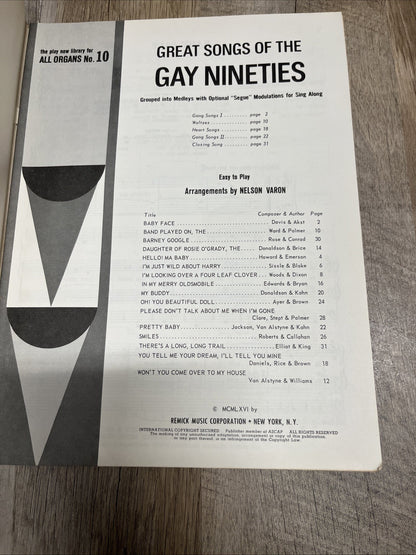 Great Songs of the Gay Nineties arrangements Nelson Varon,All Organs No.10  1966