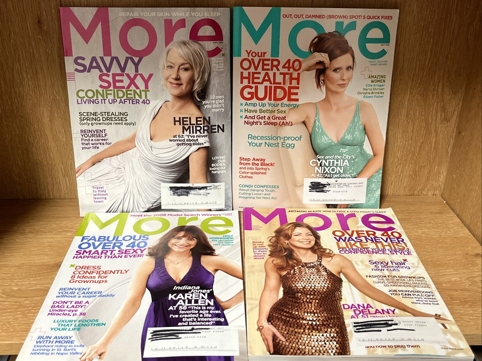 4 Pc MORE MAGAZINE, HELEN MIRREN, CYNTHIA NIXON, DANA DELANY, KAREN ALLEN 2008
