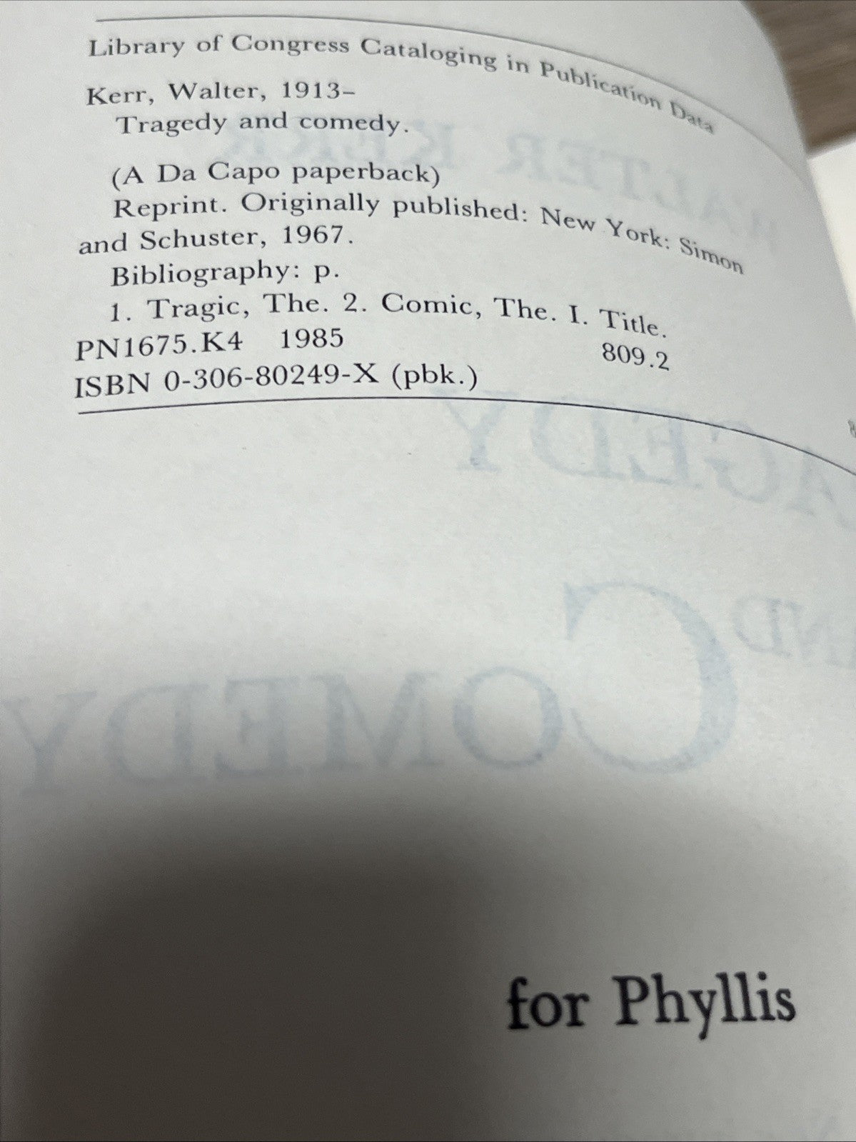 TRAGEDY AND COMEDY Walter Kerr  (A DA CAPO )