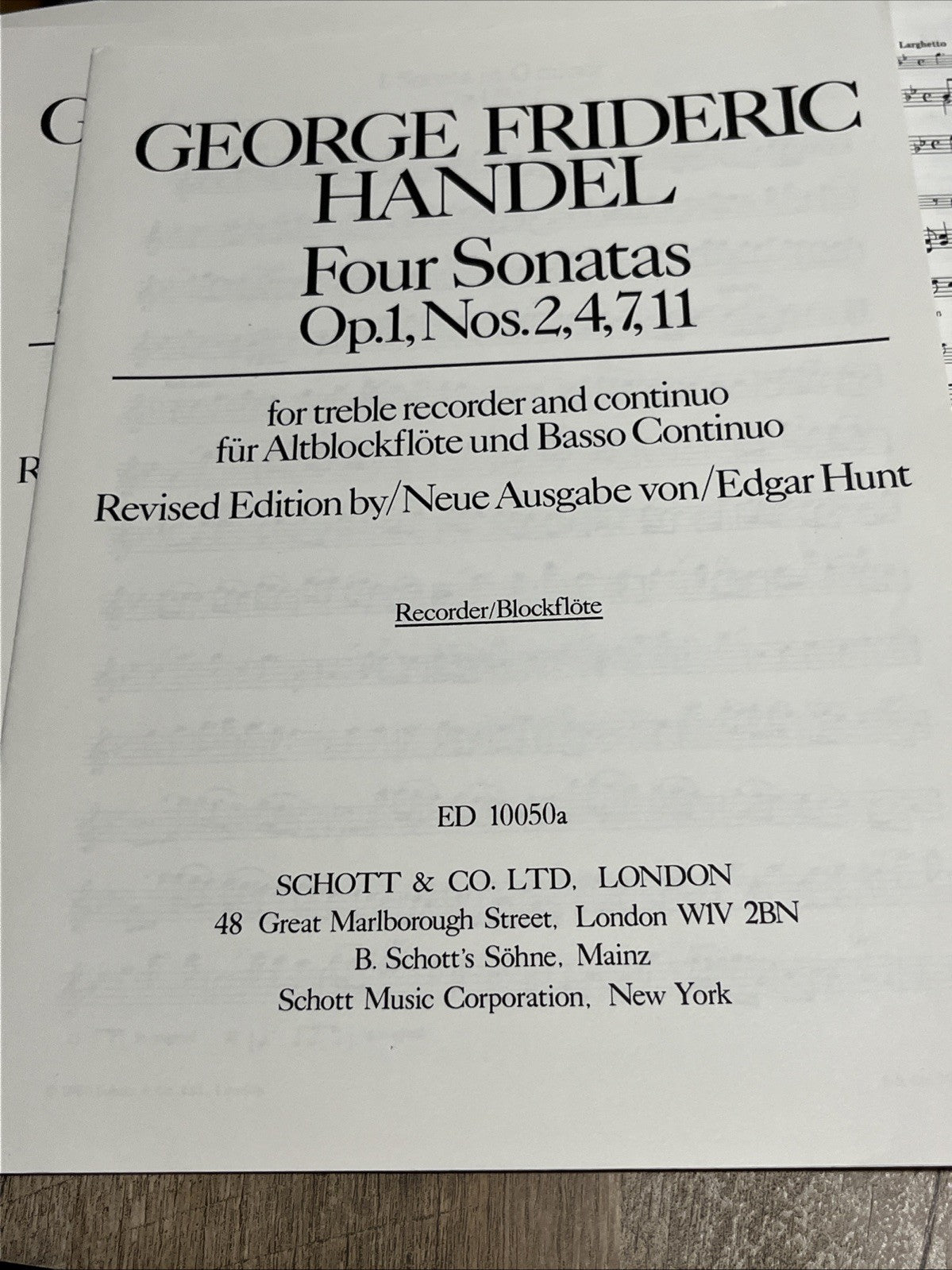 GEORGE FRIDERIC HANDEL Four Sonatas Op.1, Nos.2,4,7,11 For Treble Recorder & Con