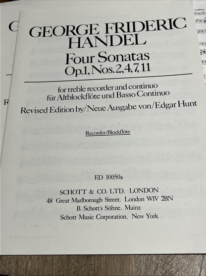 GEORGE FRIDERIC HANDEL Four Sonatas Op.1, Nos.2,4,7,11 For Treble Recorder & Con