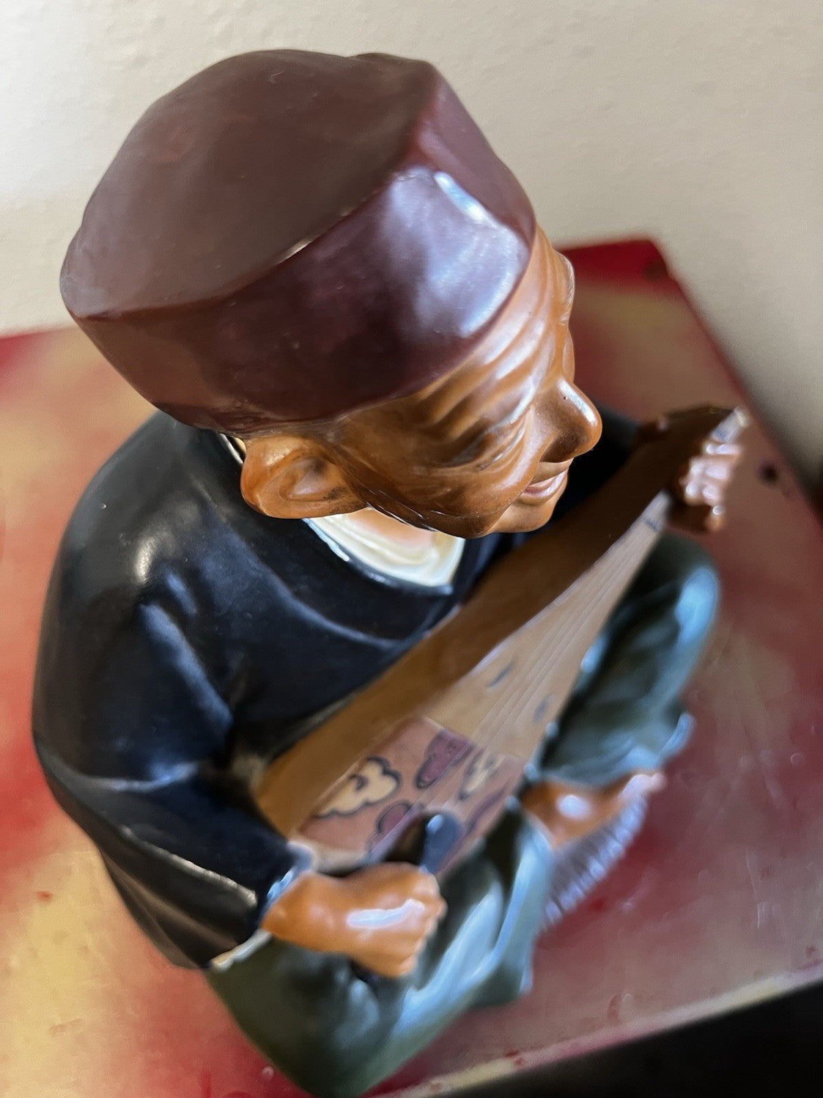 Hakata Urasaki Old Man Biwa Instrument Japanese Figurine Top of Biwa Is Broken