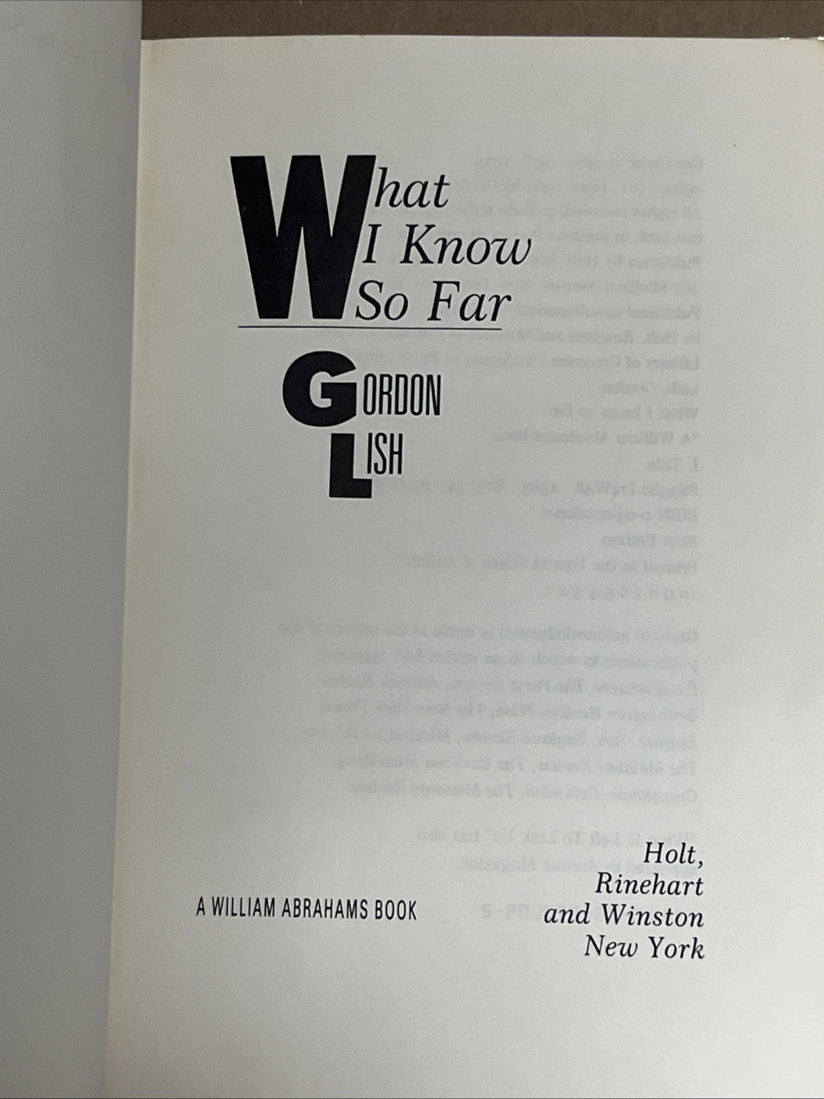 What I Know So Far Gordon Lish (1984, Hardcover) 1st Edition Printing In USA VG