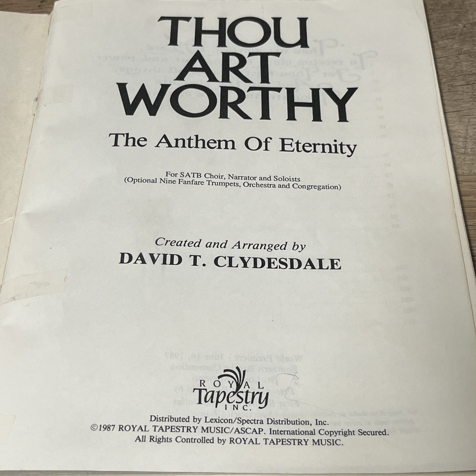 Thou Art Worthy: The Anthem Of Eternity  SATB By David T. Clydesdale 1987