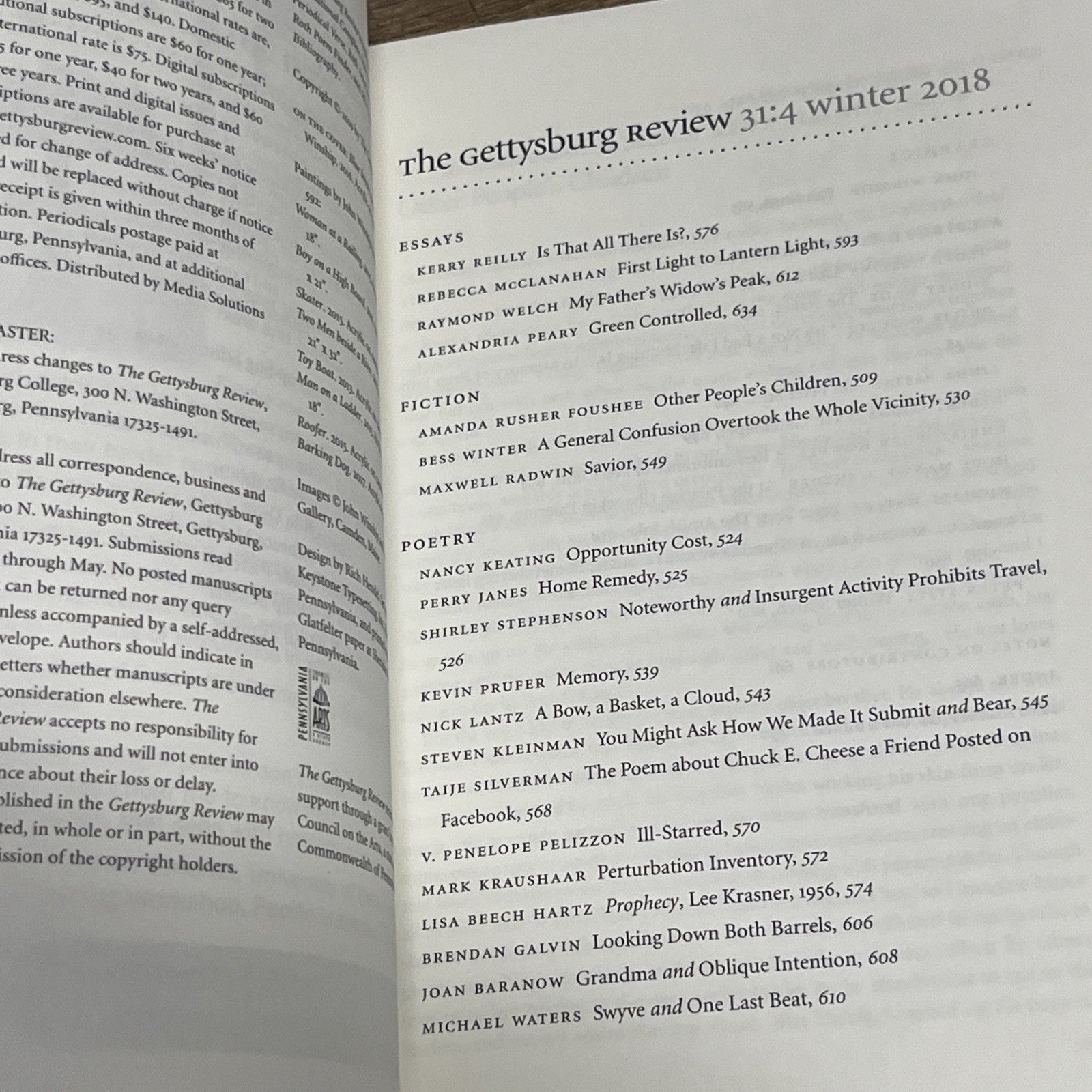 The Gettysburg Review Winter 2018 Book