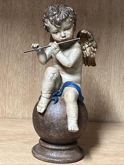 Figure Angel with Flute on Ball made of Artificial Resin (9 x 22 cm)