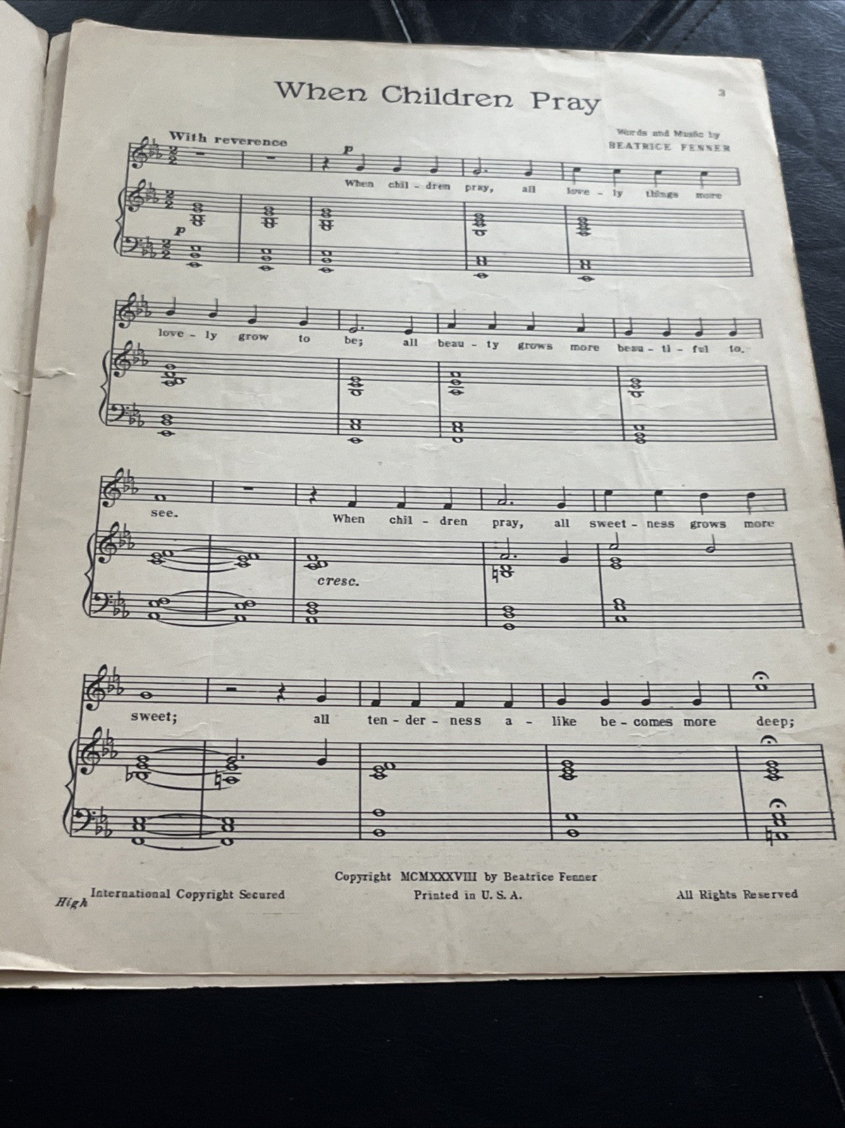 SHEET MUSIC, WHEN CHILDREN PRAY, BEATRICE FENNER, FENNER PUB... 1938/1944 (665)
