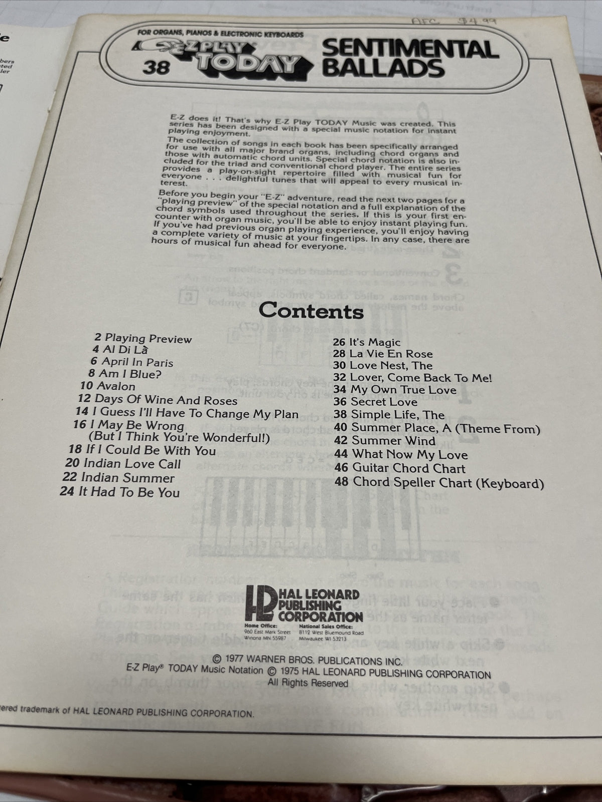 EZ Play Today Sentimental Ballads Song Book Piano Guitar Vocal Hal leonard 1977