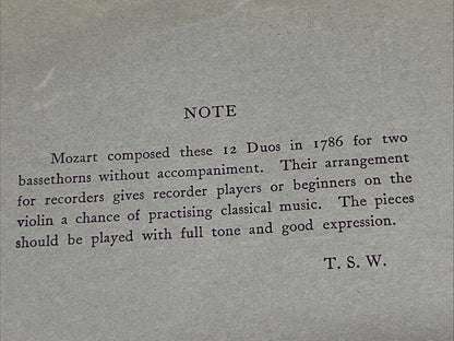 Twelve Easy Duets for Two Descant Recorders or Violins by W.A. Mozart 1947