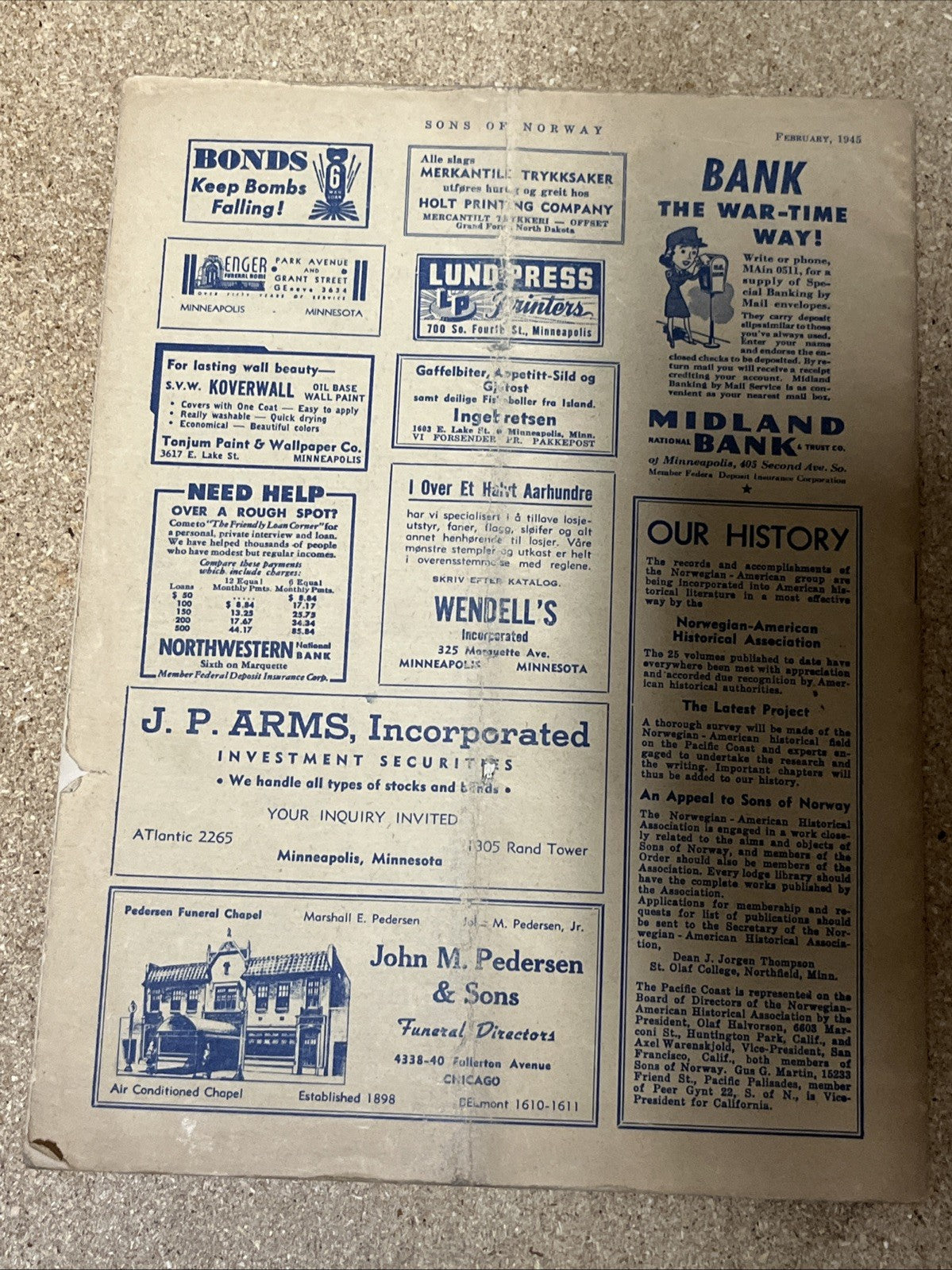 Sons of Norway Pre-Viking Magazines Grand Forks,N.D Feb 1945, No.3  Vol.42