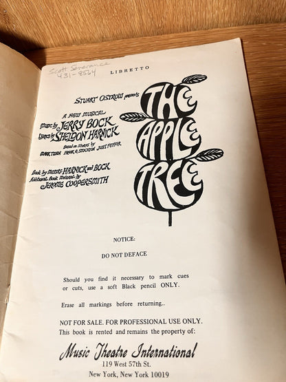 libretto for "The Apple Tree," A New Musical by Jerry Bock & Sheldon Harnick