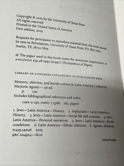 MEMORY, OBLIVION, AND JEWISH CULTURE IN LATIN AMERICA 1st Ed By Marjorie Agosin