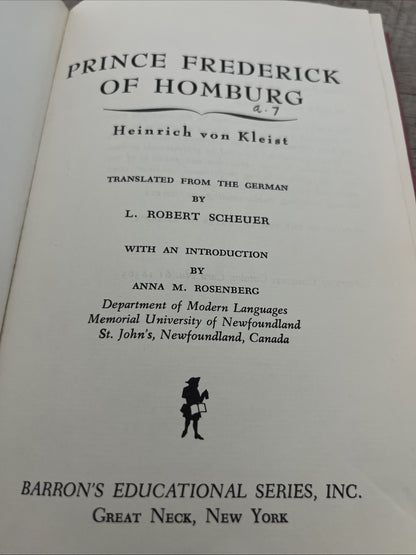 The Prince of Homburg Hardcover by Heinrich Von Kleist 1963