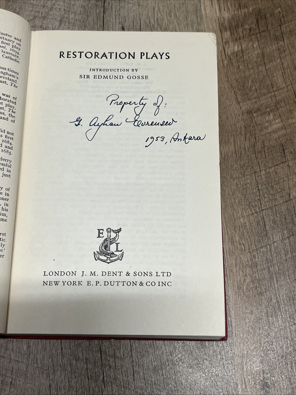 Restoration Plays By Sir Edmund Gosse | Everyman's Library | HC 1953