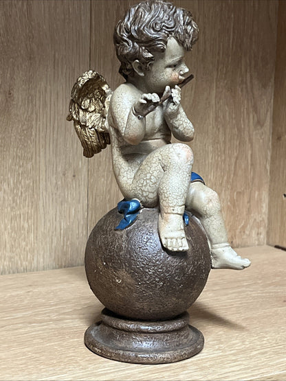 Figure Angel with Flute on Ball made of Artificial Resin (9 x 22 cm)