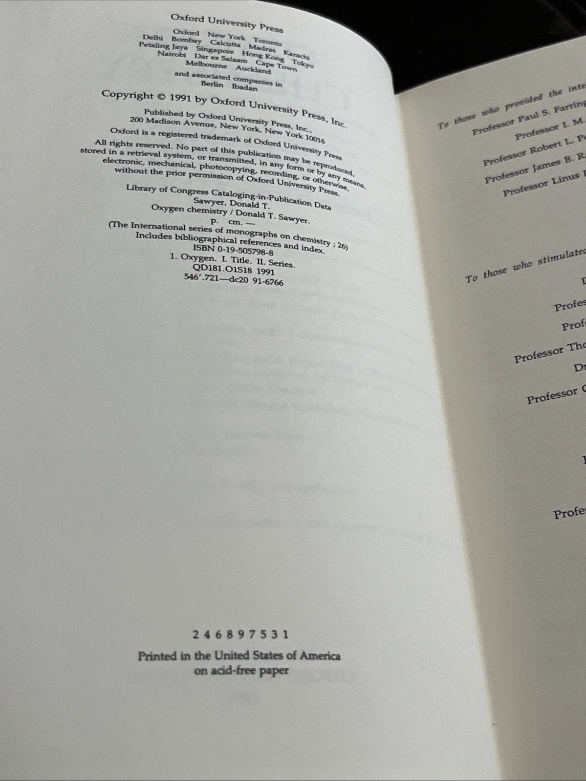 Oxygen Chemistry by Donald T Sawyer: Used