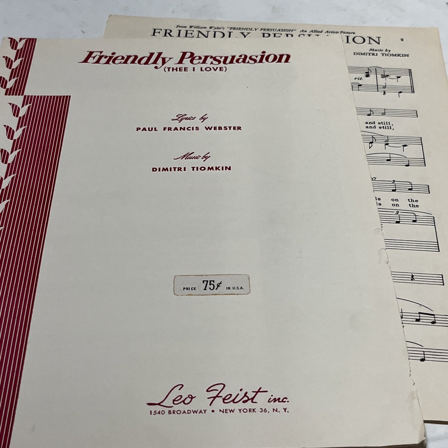 Vintage Sheet Music Friendly Persuasion 1956 ( THEE I LOVE) By Dimitri Tiomkin