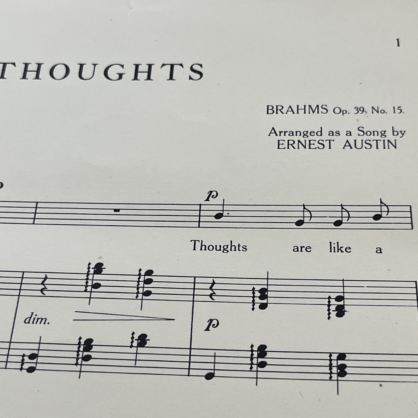Rare Vintage Thoughts Song by Ernest R.H. Elkin BRAHMS Op. 39; No.15 - (1935)