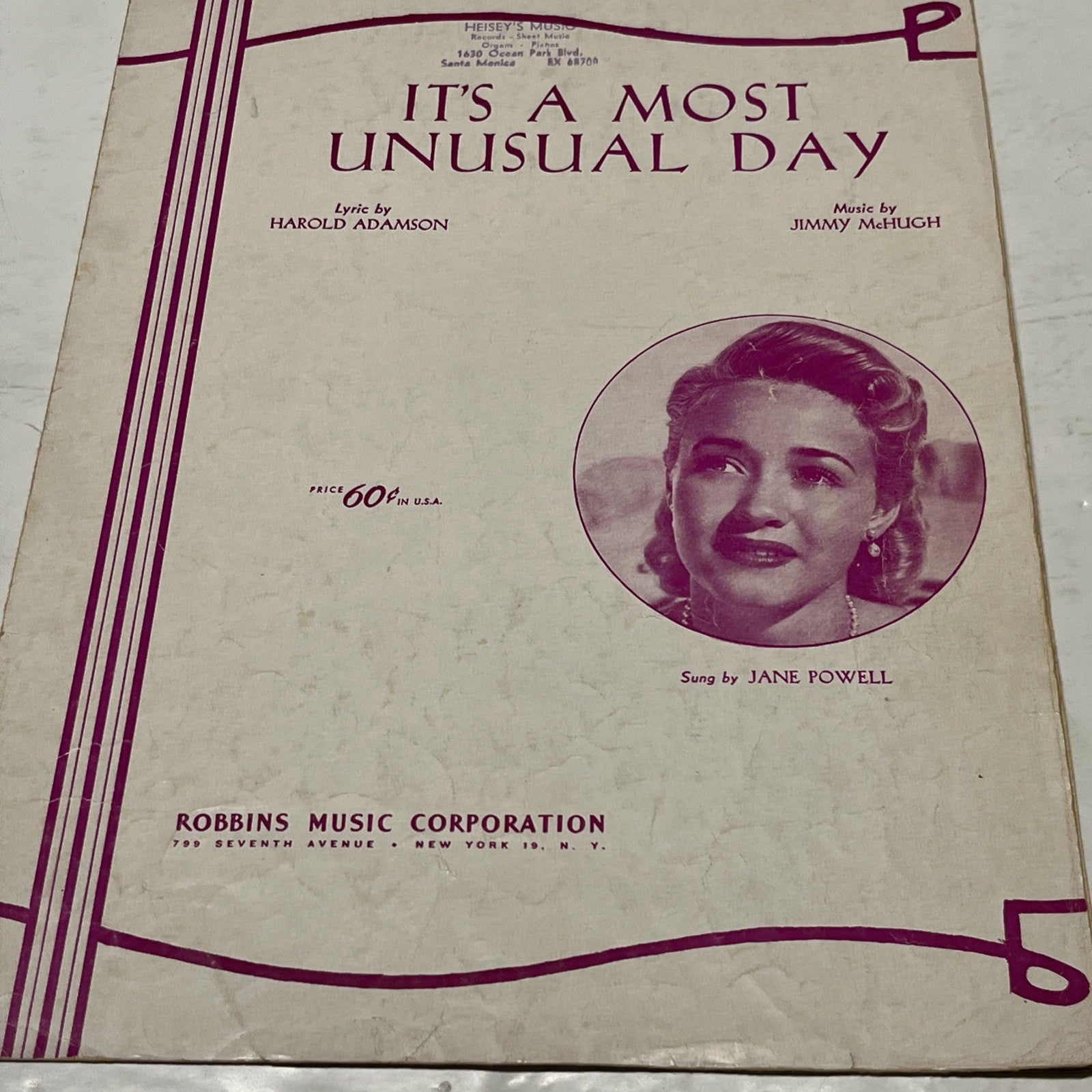Its a Most Unusual Day Piano Sheet Music (1948) By Jane Powell SH 3332-4