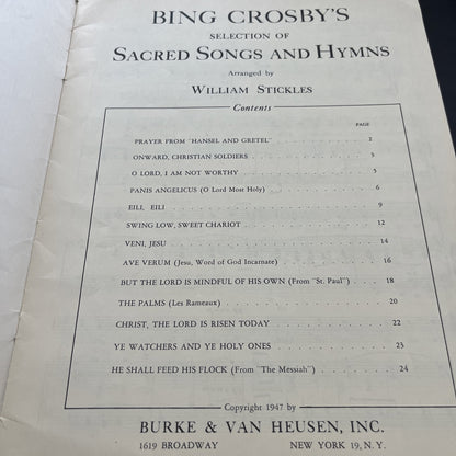 Rare Bing Crosby’s Selection Of Sacred Songs And Hymns By William Stickles /1947