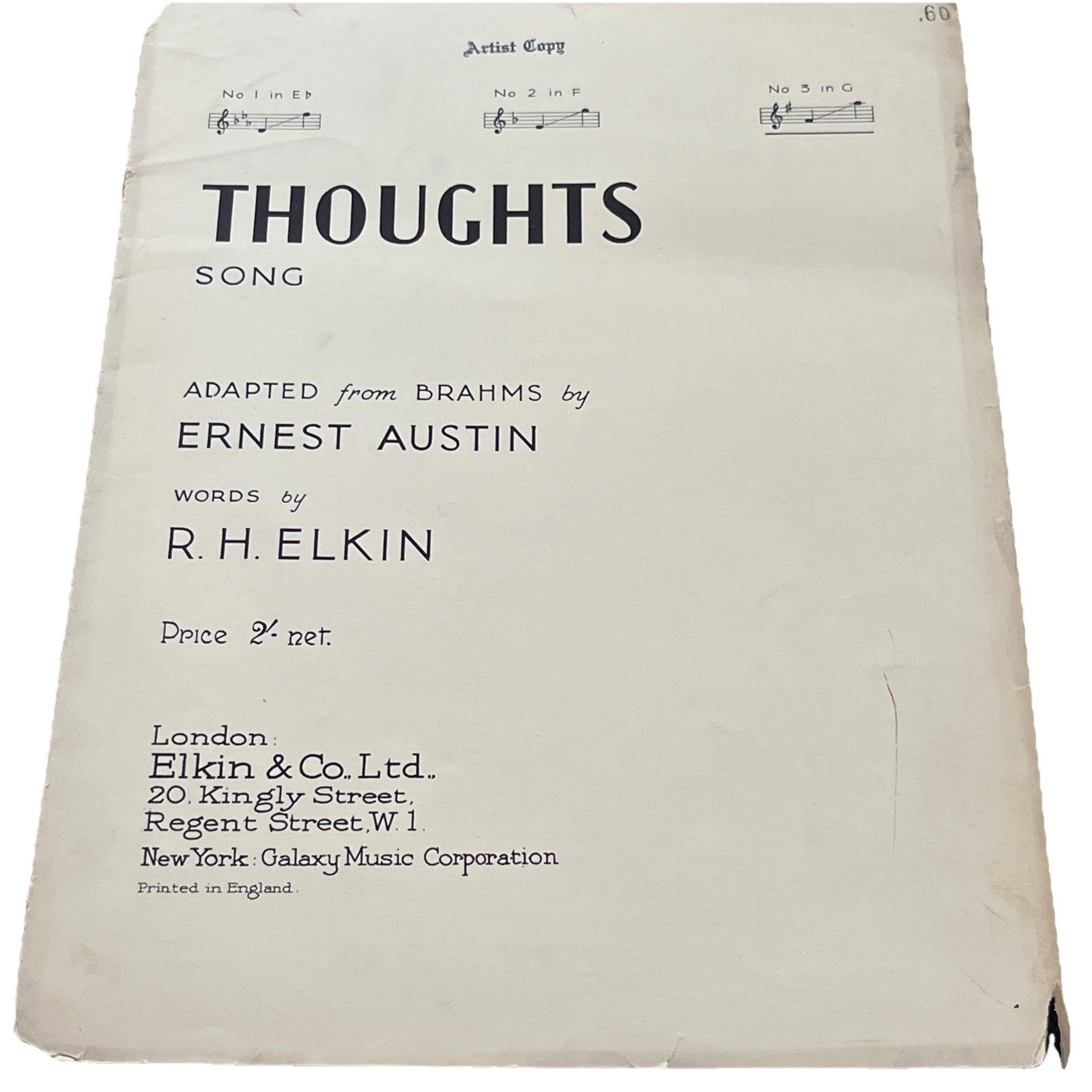 Rare Vintage Thoughts Song by Ernest R.H. Elkin BRAHMS Op. 39; No.15 - (1935)