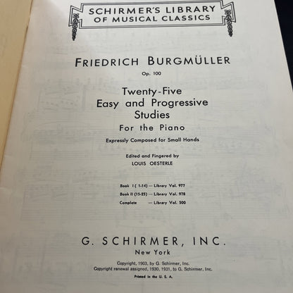 Schirmer's Library Vol 500 Burgmuller Op 100.25 Easy Progressive Studies Piano
