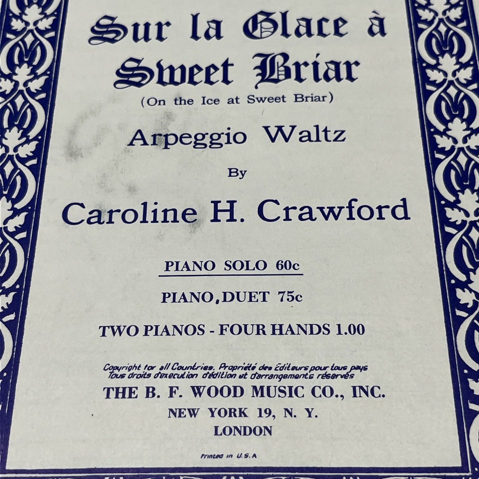 Vintage Sheet Music Sur La Glacé A Sweet Briar 1938 Caroline Crawford