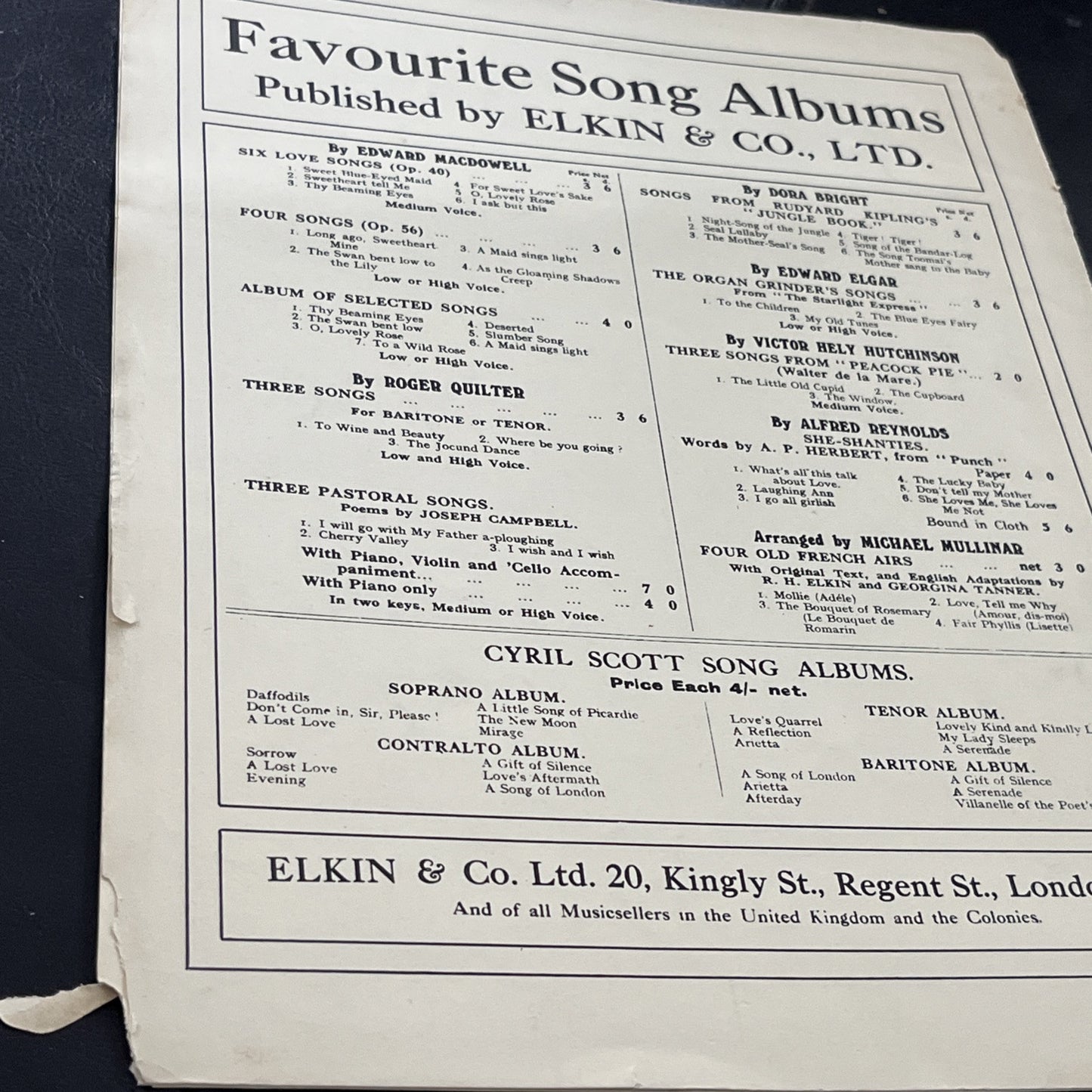 Rare Vintage Thoughts Song by Ernest R.H. Elkin BRAHMS Op. 39; No.15 - (1935)