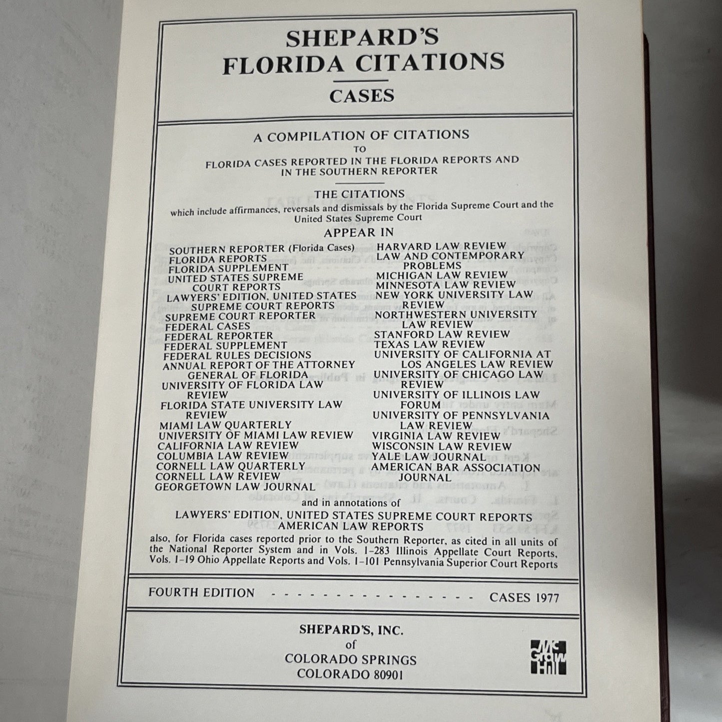 Shepard’s Florida Citations, All Florida Cases, Analyzed, Case Edition 1977 HC