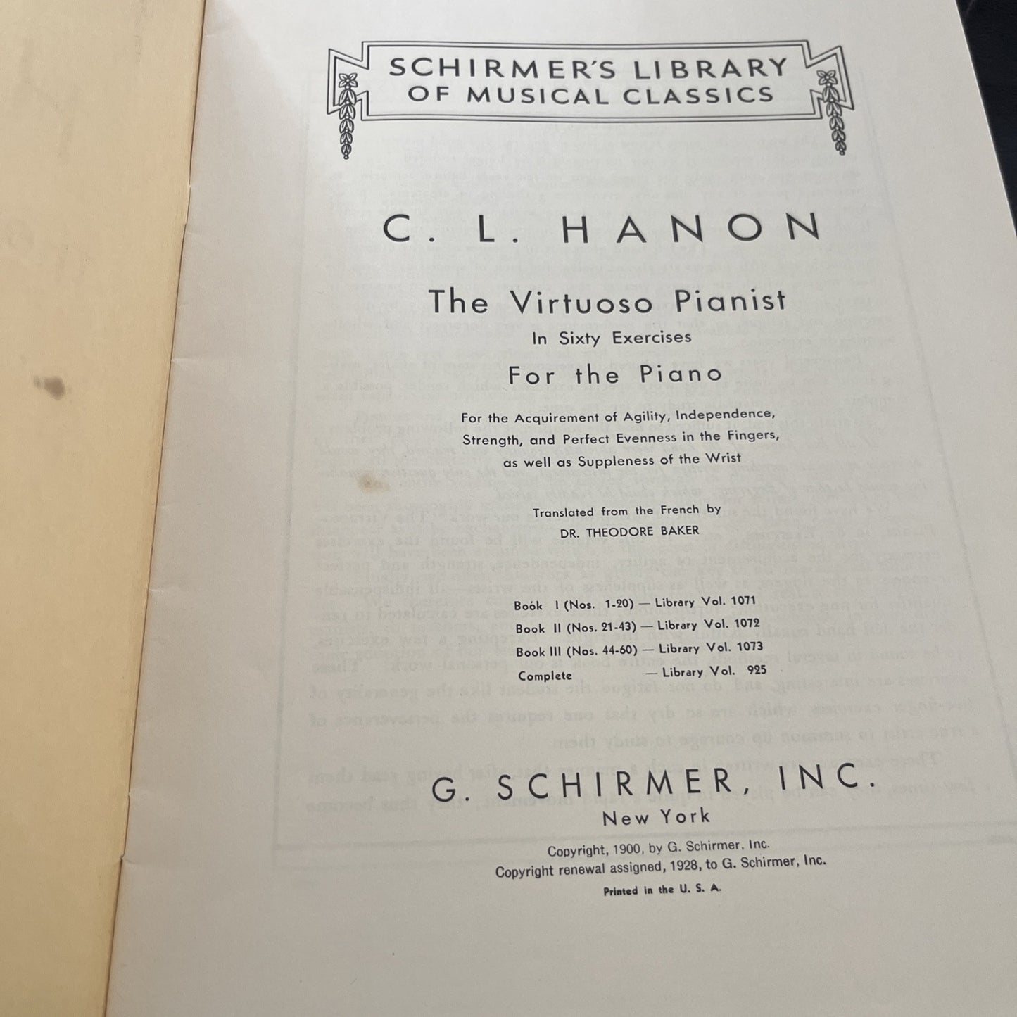 Hanon the Virtuoso Pianist - -Bk. 60 Exercises Vol 1071 Schirmer; Book 1  (1928)