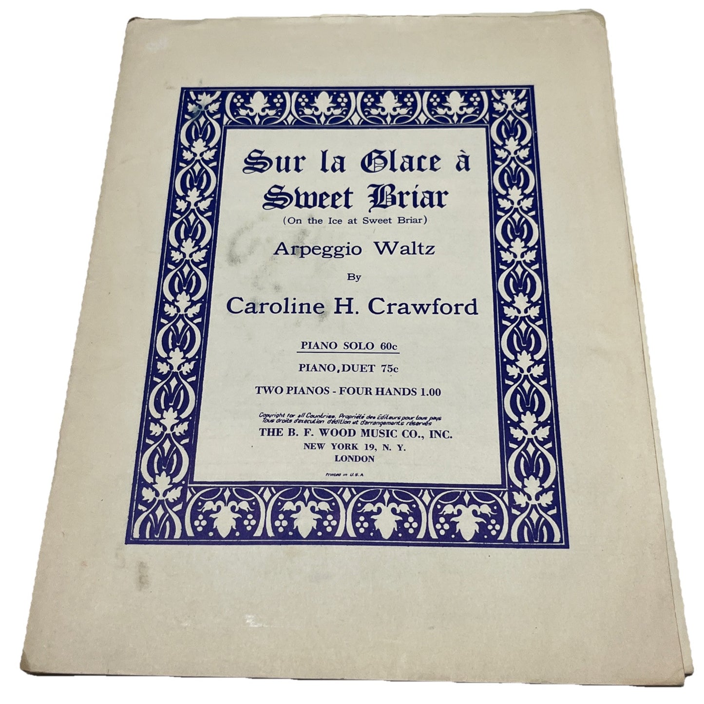 Vintage Sheet Music Sur La Glacé A Sweet Briar 1938 Caroline Crawford