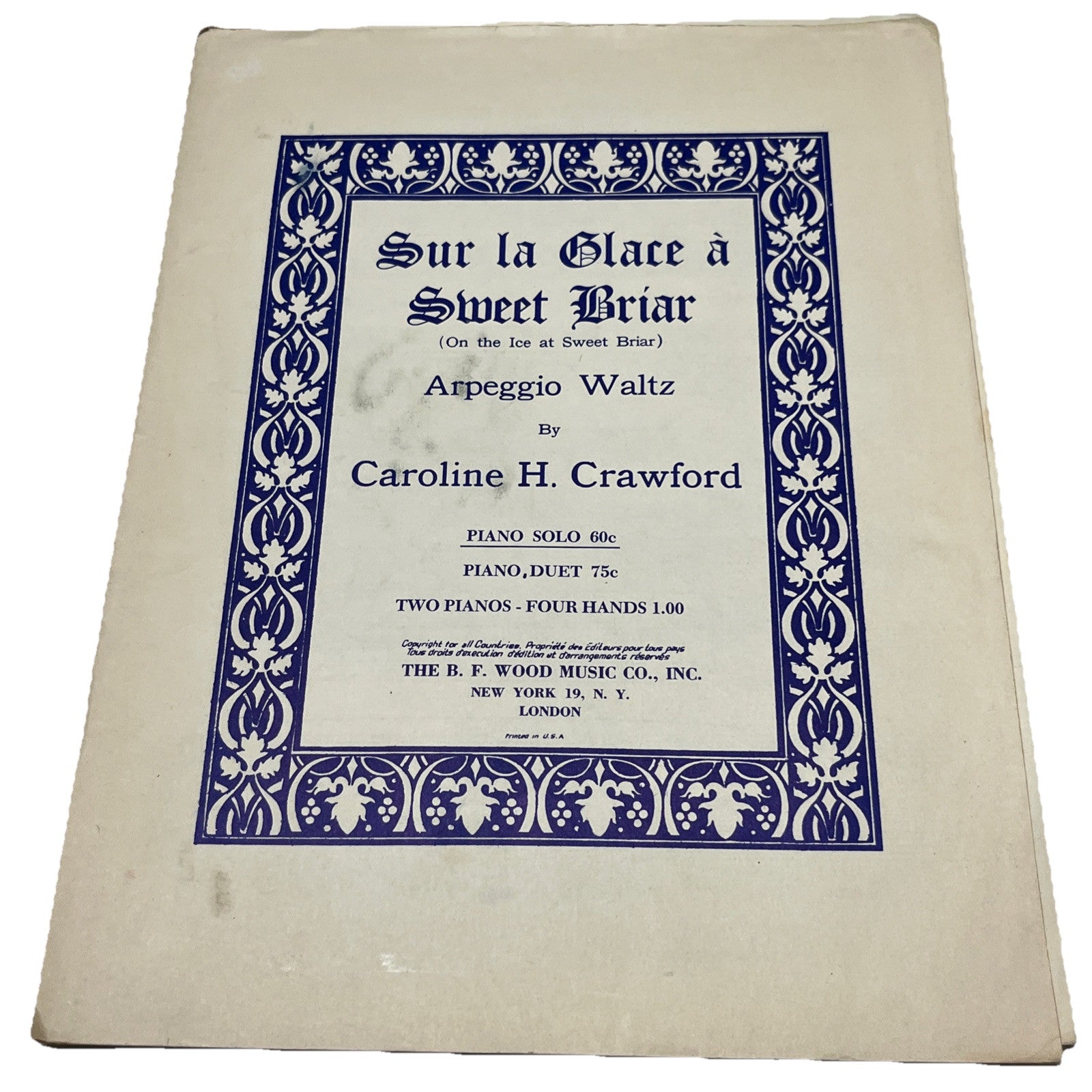 Vintage Sheet Music Sur La Glacé A Sweet Briar 1938 Caroline Crawford
