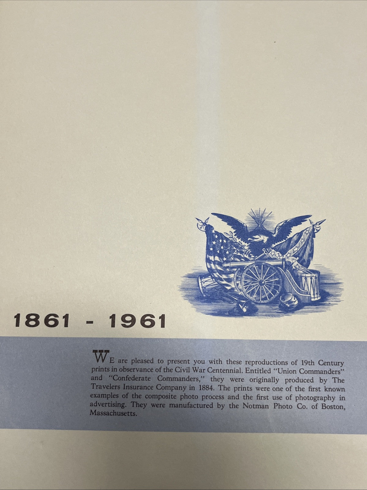 1961 TRAVELERS INSURANCE CO UNION & CONFEDERATE COMMANDERS OF CIVIL WAR - 19th C