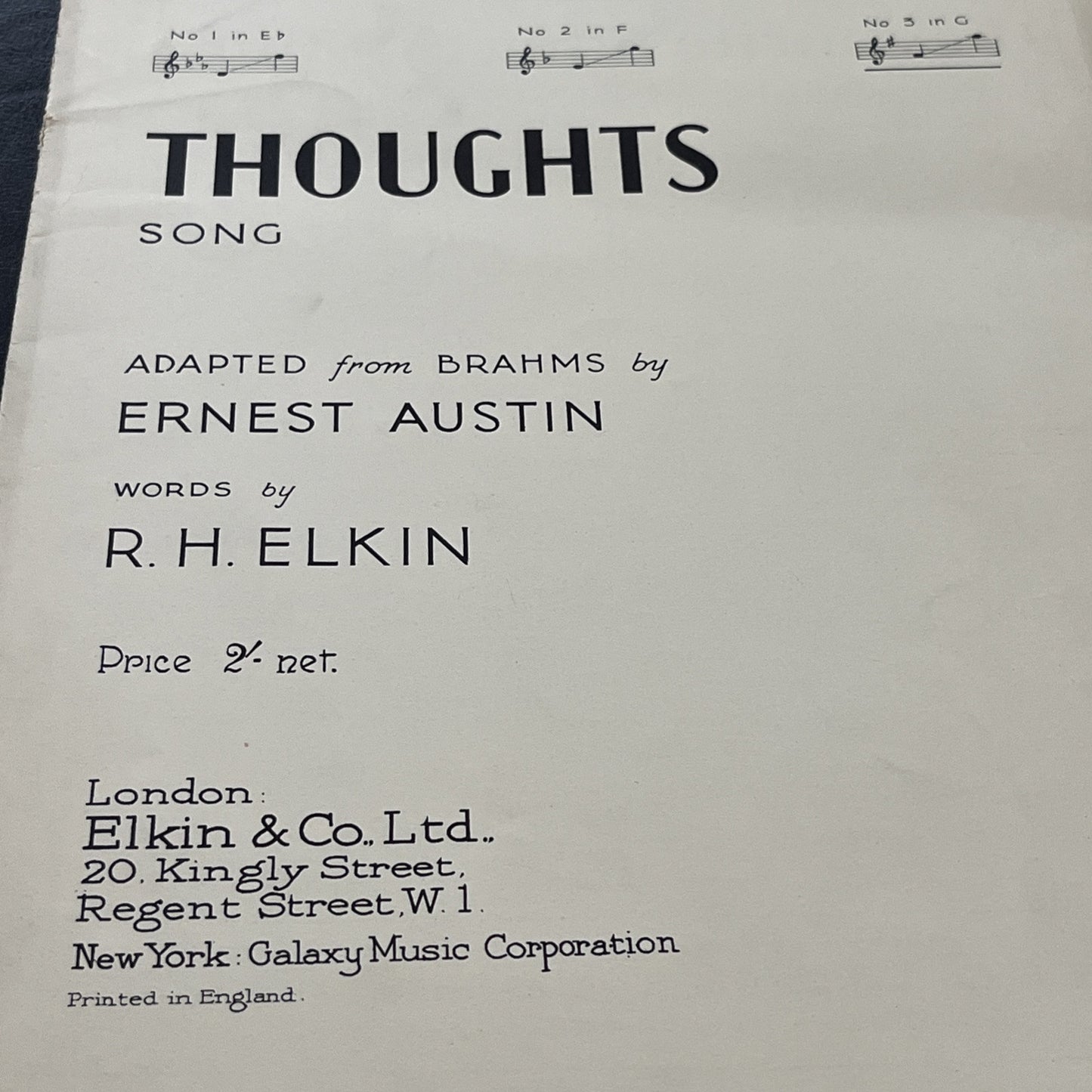 Rare Vintage Thoughts Song by Ernest R.H. Elkin BRAHMS Op. 39; No.15 - (1935)