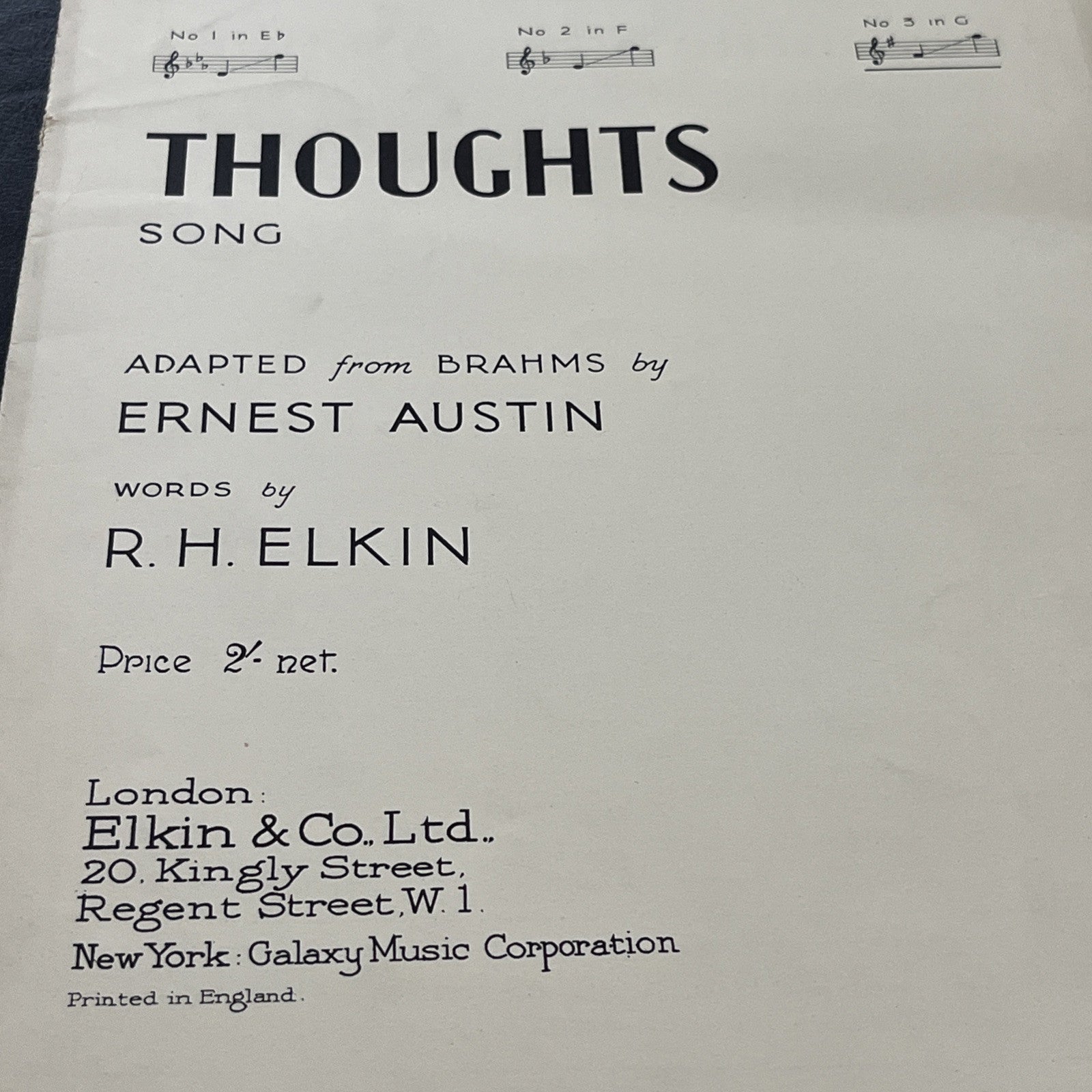 Rare Vintage Thoughts Song by Ernest R.H. Elkin BRAHMS Op. 39; No.15 - (1935)