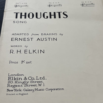 Rare Vintage Thoughts Song by Ernest R.H. Elkin BRAHMS Op. 39; No.15 - (1935)