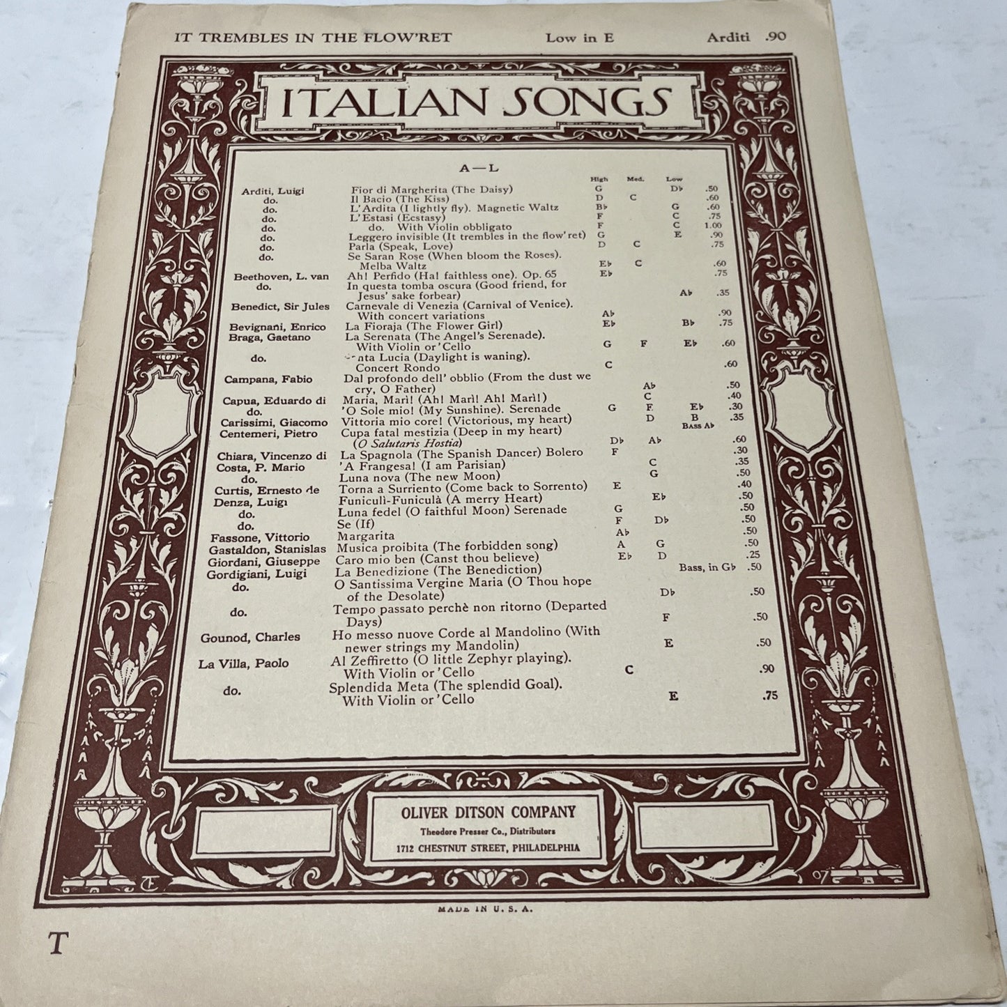 IT TREMBLES IN THE FLOW’RET Low In E Arditi .90 Italian Songs