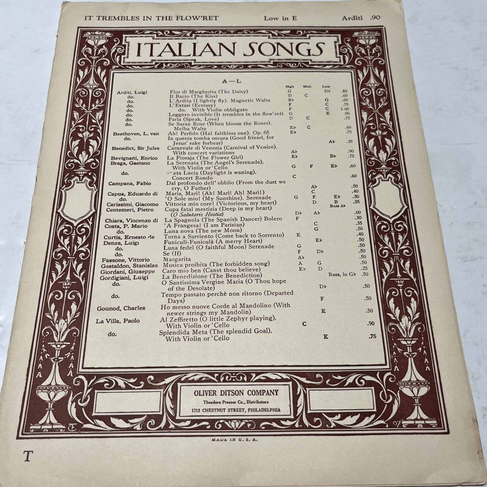IT TREMBLES IN THE FLOW’RET Low In E Arditi .90 Italian Songs